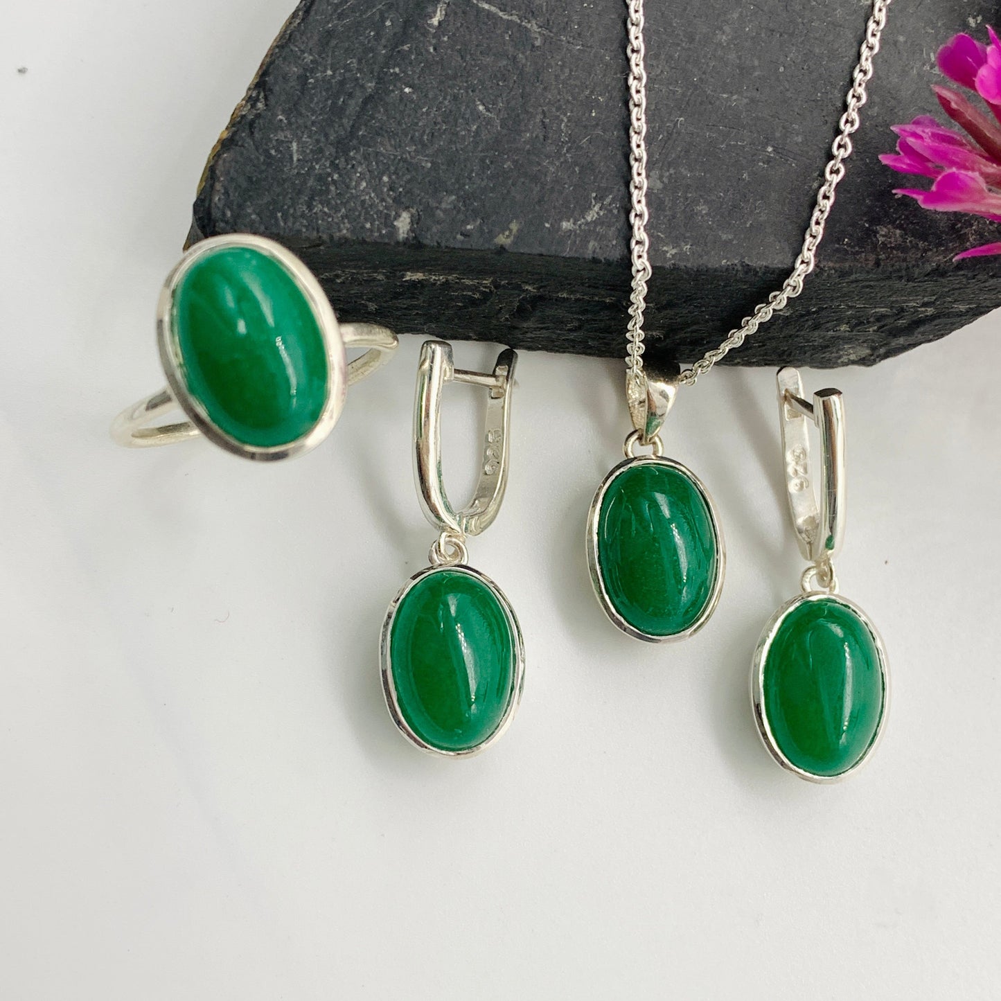 Natural Green Jade Silver Necklace-Daily Wear Jade Pendant Set-Handmade Dangle Drops Earrings-Silver Chain with Pendant-Gift For Mom-276 PILWALS