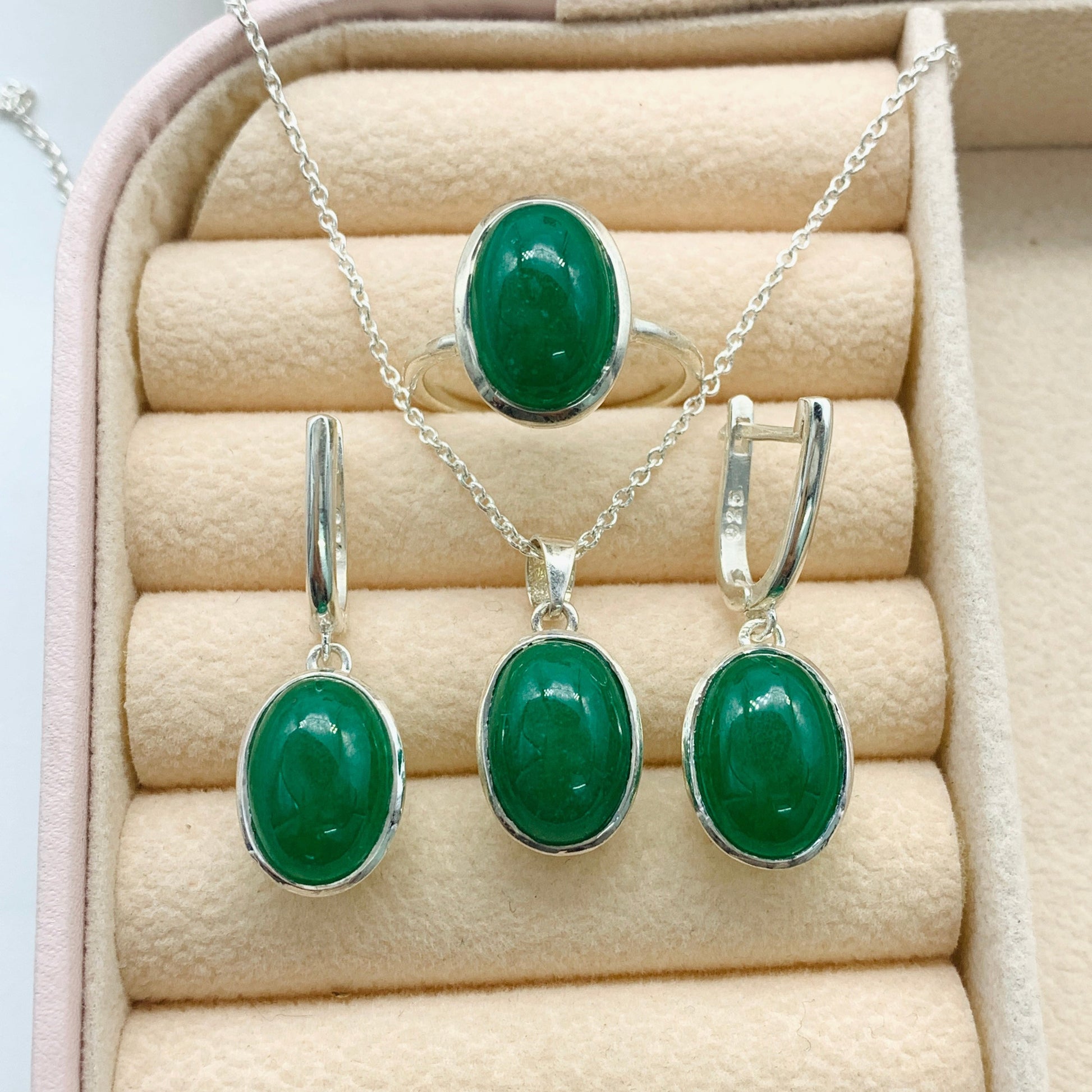 Natural Green Jade Silver Necklace-Daily Wear Jade Pendant Set-Handmade Dangle Drops Earrings-Silver Chain with Pendant-Gift For Mom-276 PILWALS