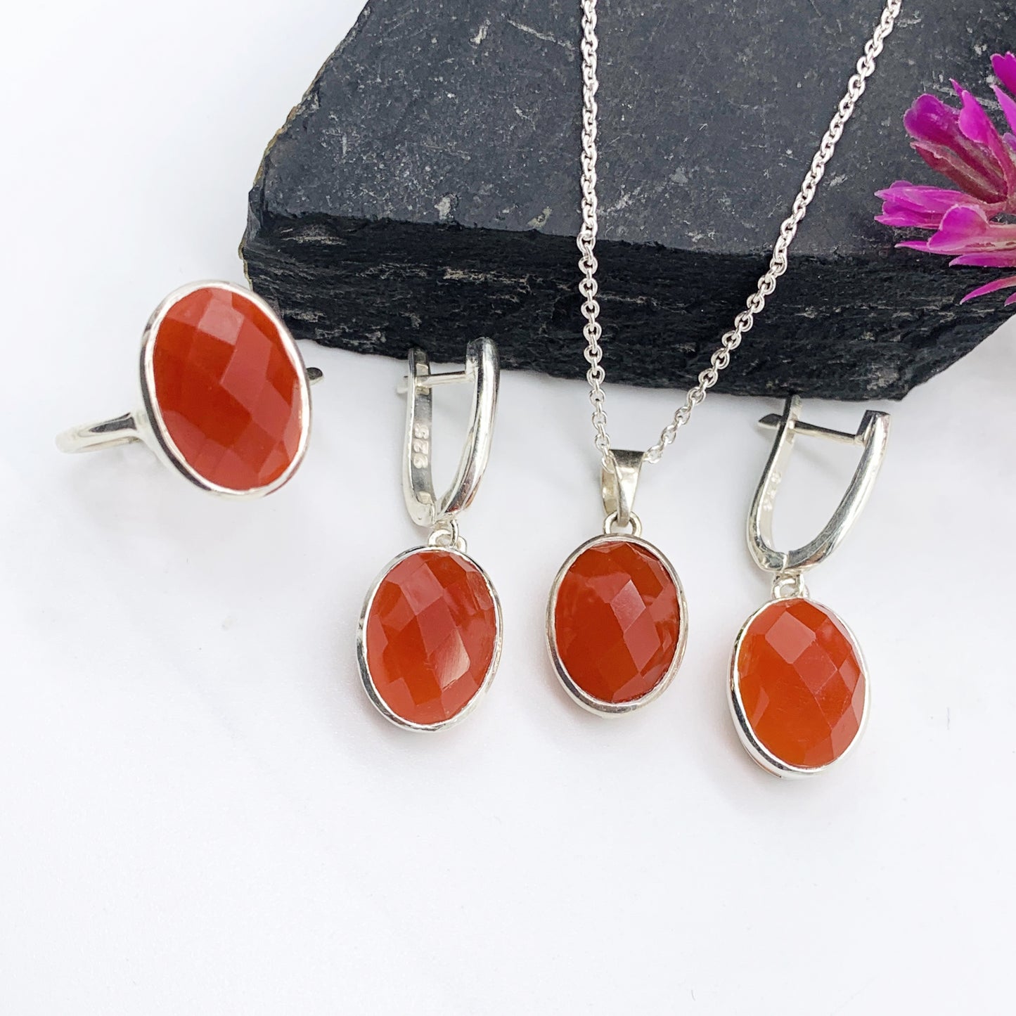 Natural Carnelian Silver Necklace-Red Gemstone Pendant Set-August Birthstone-4 Pieces Combo Set-Gift For Love-276 PILWALS