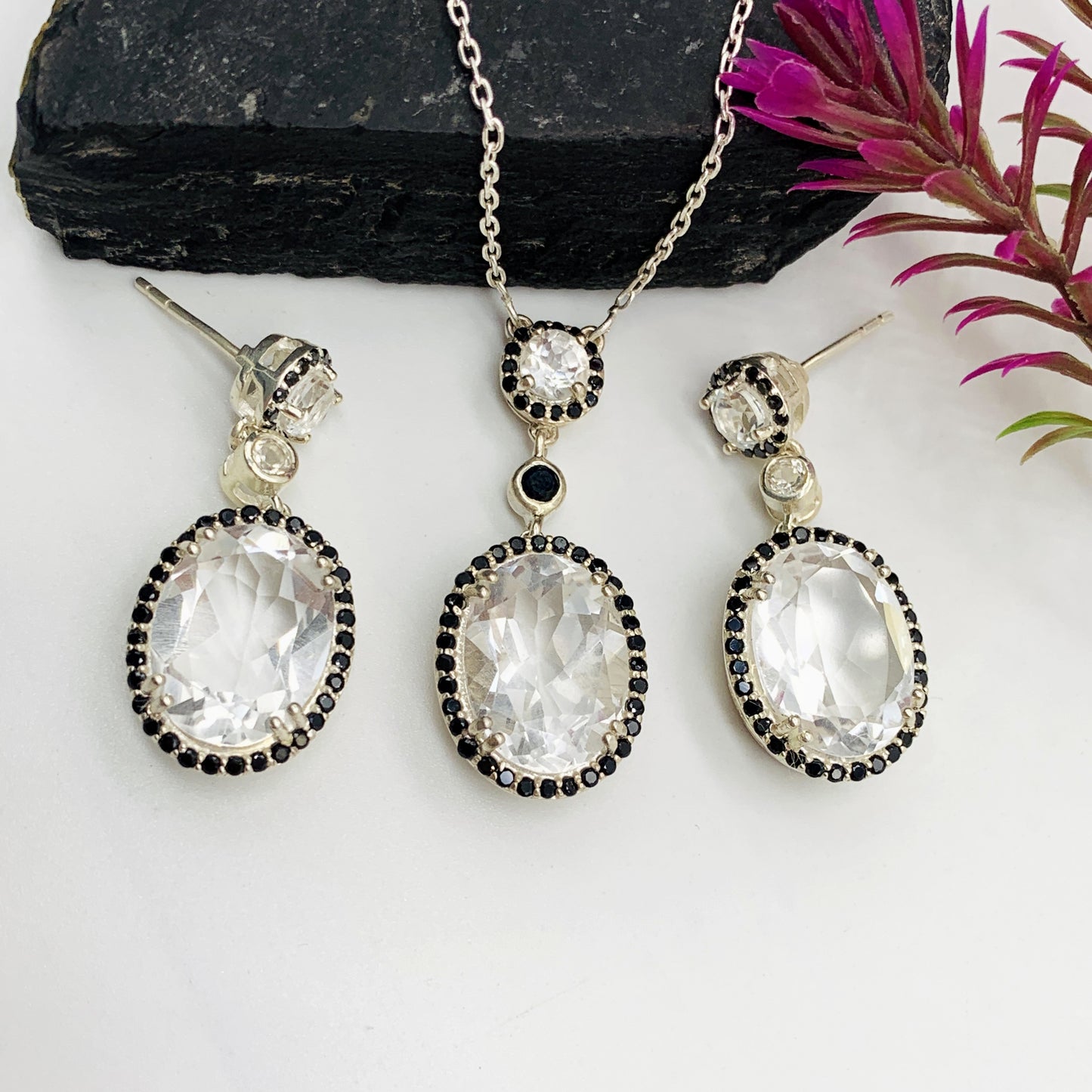 Genuine White Topaz Necklace-Unique Topaz Jewelry-Bridal Gift Necklace-Sterling Silver Topaz Pendant Set-144 PILWALS