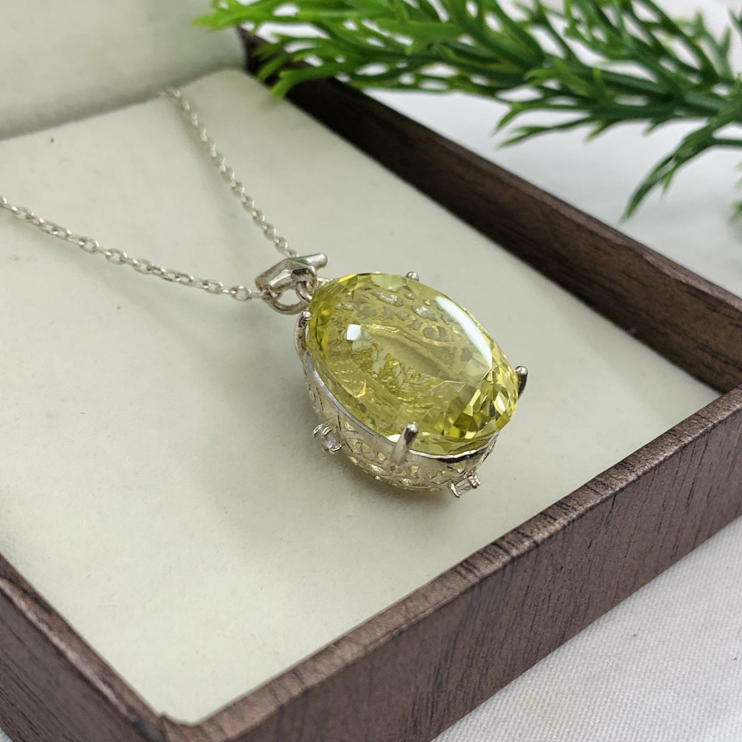 Elegant Lemon Quartz Pendant-Huge Quartz Silver Necklace-February Birthday Gift-Yellow Quartz Oval Pendant-339 PILWALS