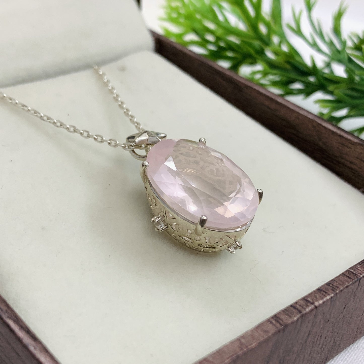 Natural Rose Quartz Silver Pendant-January Birthstone-Silver Chain With Pendant-925 Sterling Silver Necklace For Woman & Girls-339 PILWALS