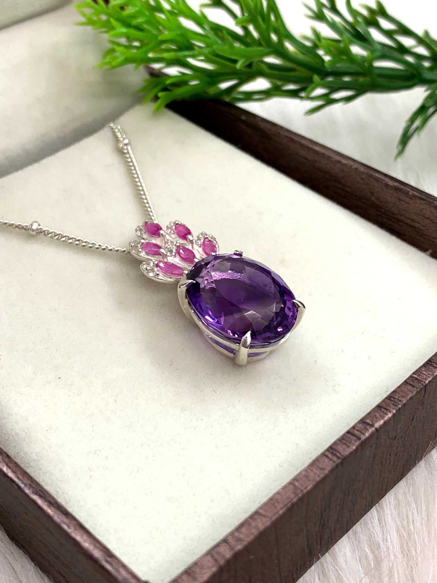 Unique Purple Gemstone Pendant-Topaz With Ruby Oval Pendant-925 Sterling Silver Necklace for Woman & Girls-349 PILWALS