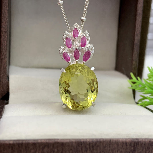 Natural Lemon Quartz Huge Necklace-Handmade Quartz Silver Jewelry-Yellow Gemstone Necklace-Oval Pendant With Chain-349 PILWALS