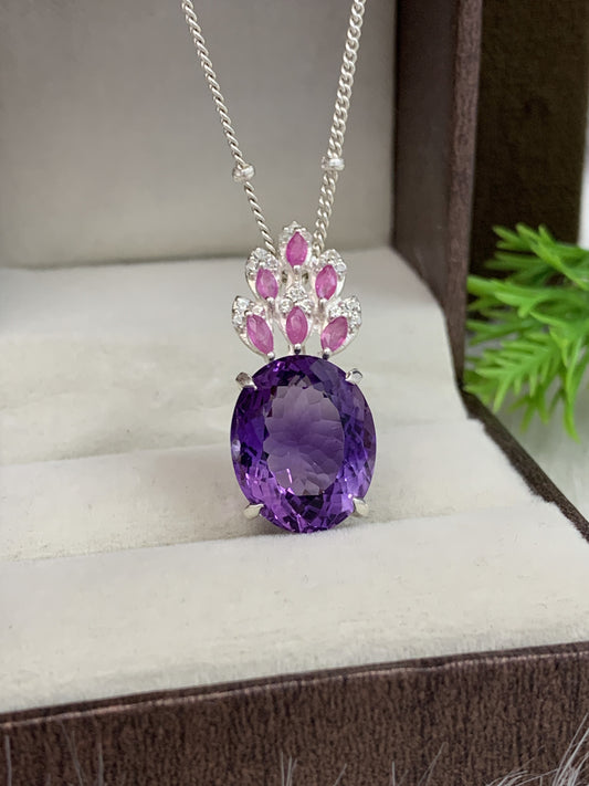 Unique Purple Gemstone Pendant-Topaz With Ruby Oval Pendant-925 Sterling Silver Necklace for Woman & Girls-349 PILWALS