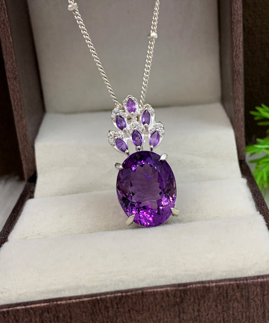 Natural Amethyst Cocktail Pendant-February Birthstone-Wedding Gift for Her-Oval Cut Purple Gemstone Necklace-349 PILWALS