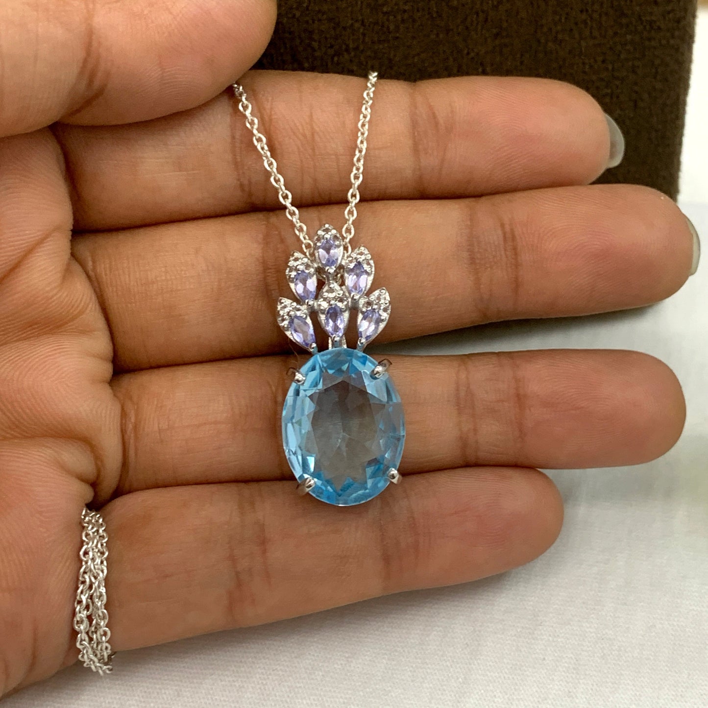 Swiss Blue Topaz Cocktail Pendant-December Birthstone Necklace-Morden Topaz Necklace-Handmade Silver Jewelry-349 PILWALS