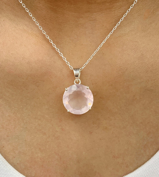 Natural Rose Quartz Pendant-Pink Gemstone Necklace-January Birthstone Gift-Quartz Silver Pendant-Statement Necklace For Girls-336 PILWALS