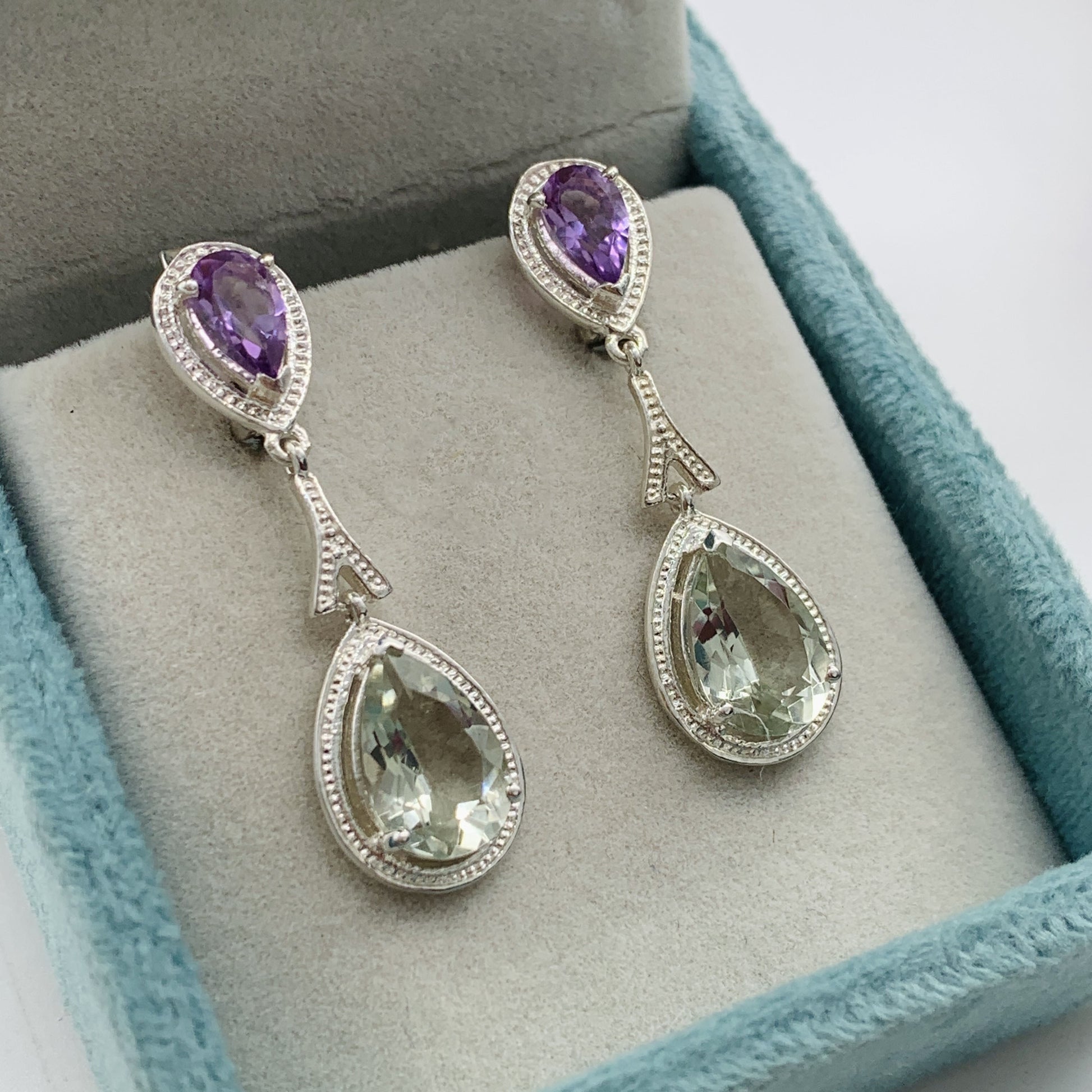 Green and Purple Amethyst Necklace-Tear Drop Dangle Earrings-Handmade Silver Jewelry-February Birthday Gift-Bridesmaid Pendant Set-560 PILWALS