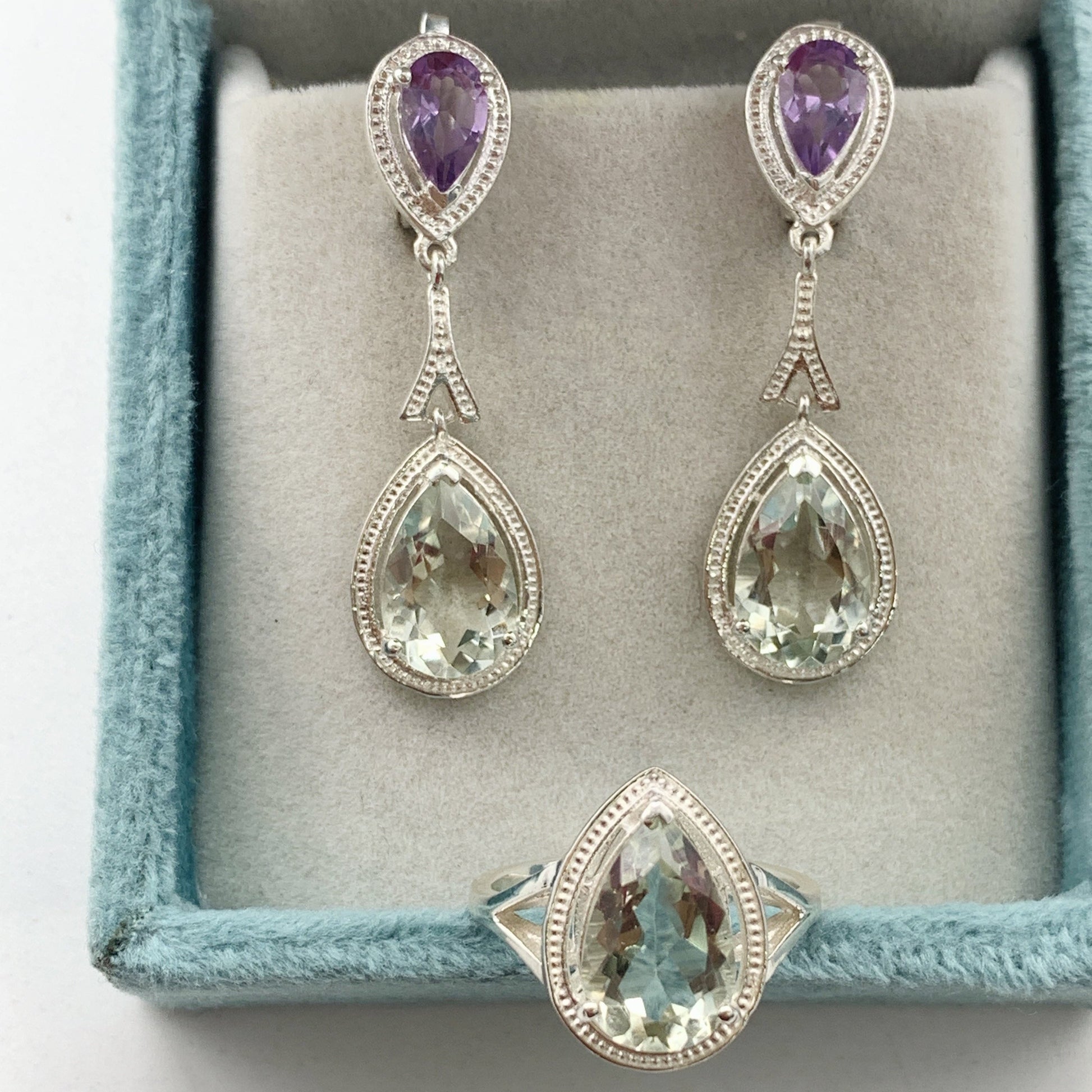 Green and Purple Amethyst Necklace-Tear Drop Dangle Earrings-Handmade Silver Jewelry-February Birthday Gift-Bridesmaid Pendant Set-560 PILWALS