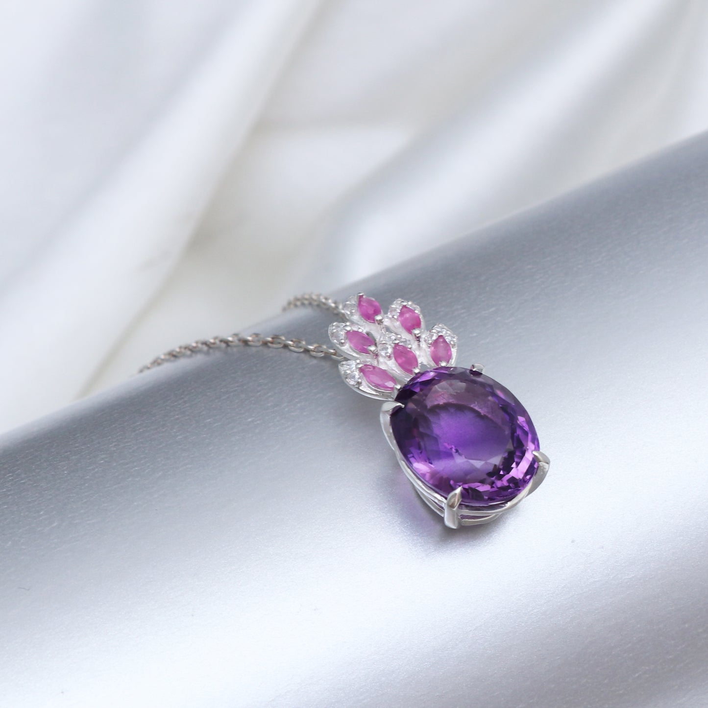 Unique Purple Gemstone Pendant-Topaz With Ruby Oval Pendant-925 Sterling Silver Necklace for Woman & Girls-349 PILWALS