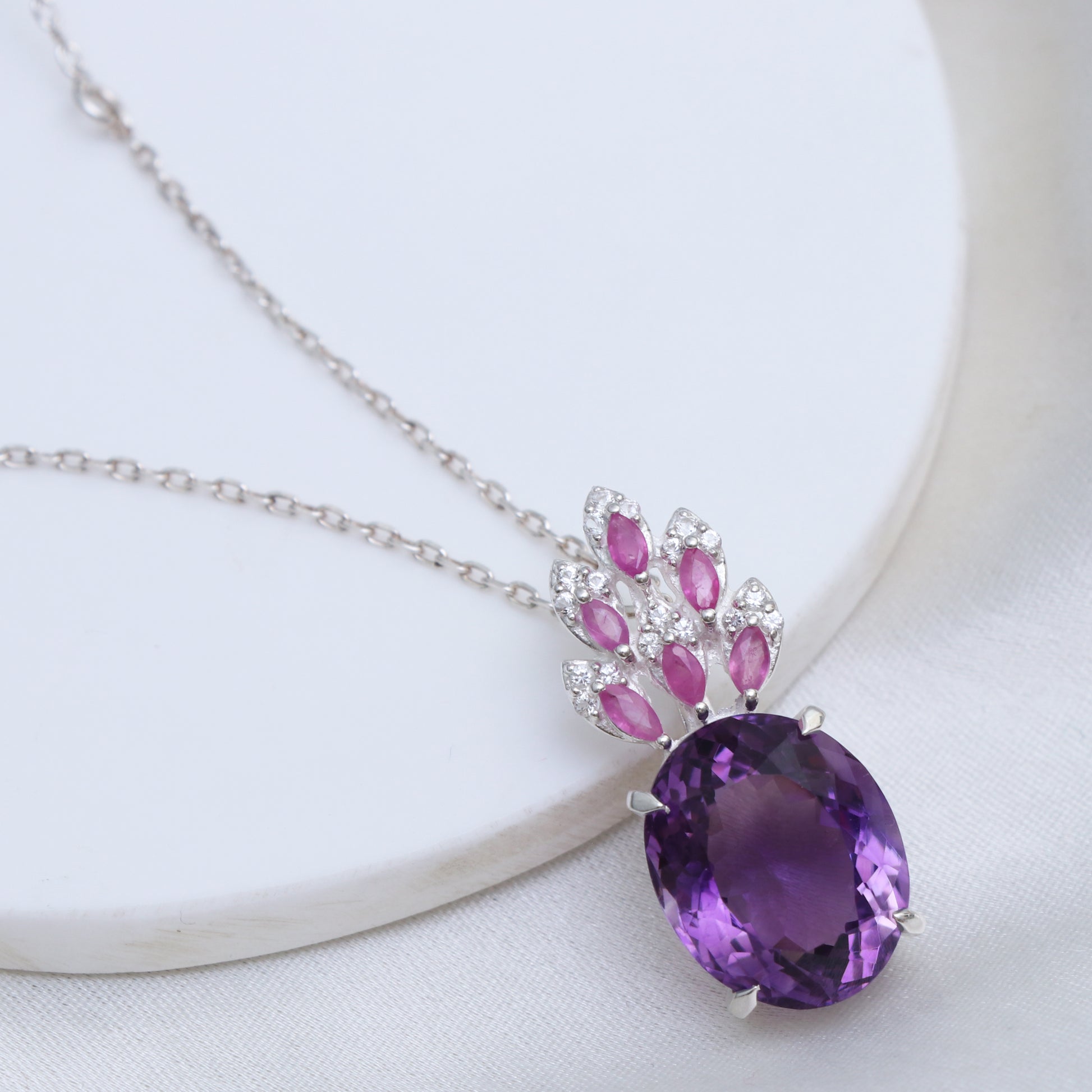 Unique Purple Gemstone Pendant-Topaz With Ruby Oval Pendant-925 Sterling Silver Necklace for Woman & Girls-349 PILWALS