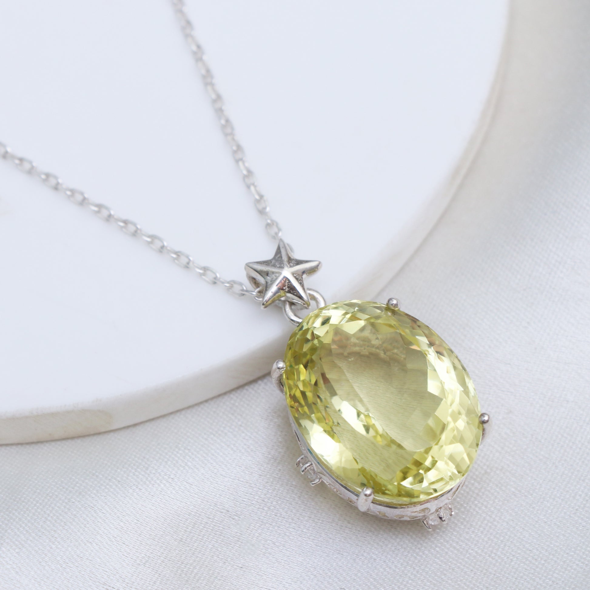 Elegant Lemon Quartz Pendant-Huge Quartz Silver Necklace-February Birthday Gift-Yellow Quartz Oval Pendant-339 PILWALS