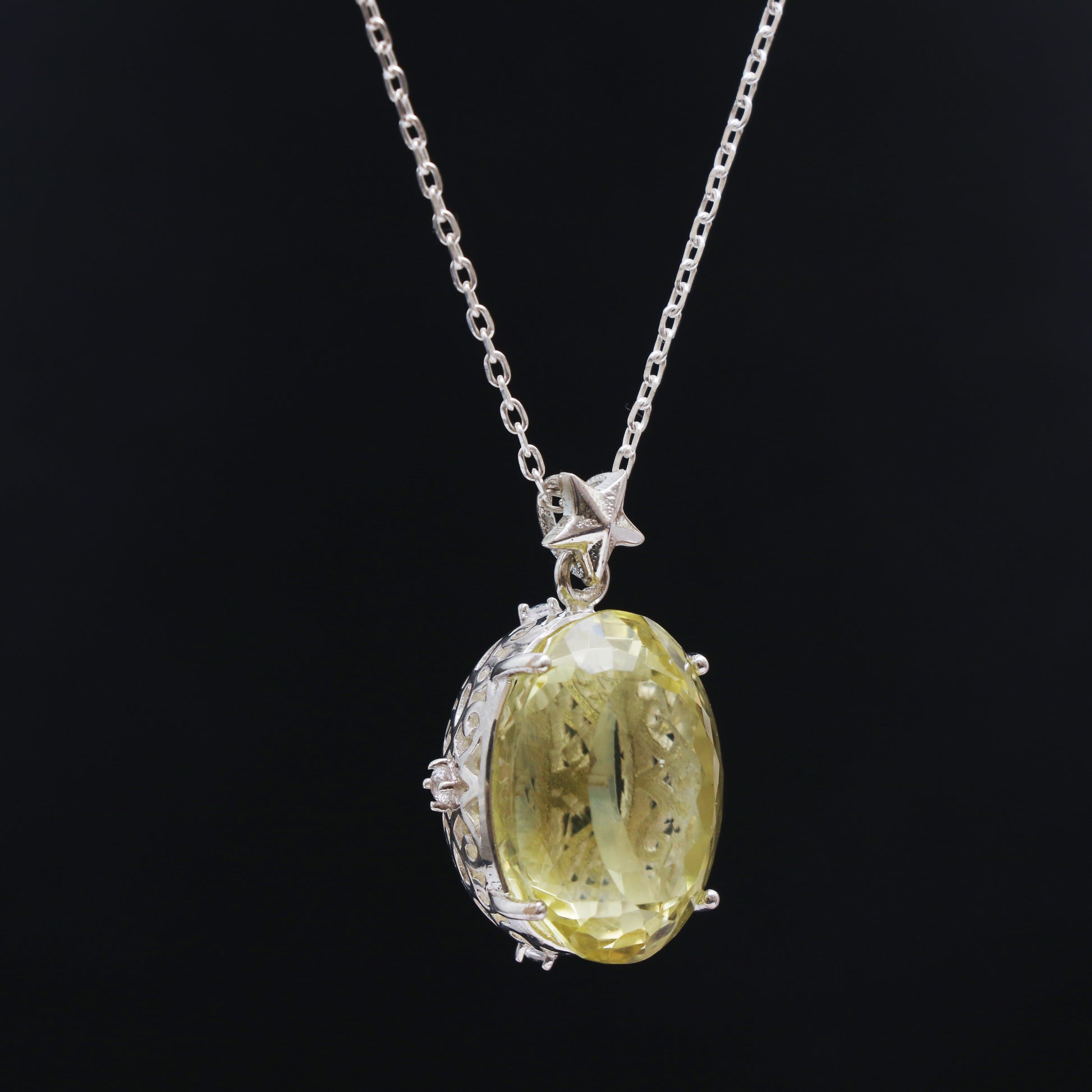 Elegant Lemon Quartz Pendant-Huge Quartz Silver Necklace-February Birthday Gift-Yellow Quartz Oval Pendant-339 PILWALS