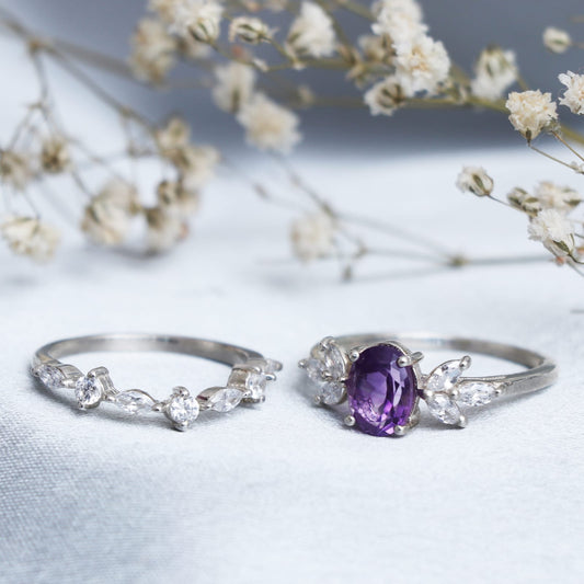 Vintage Inspired Amethyst Purple Ring, White Topaz Silver Ring-664 PILWALS