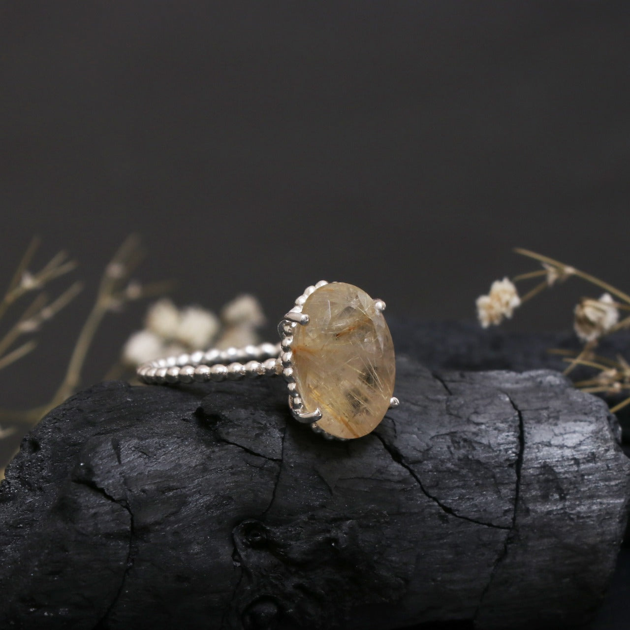 Natural Golden Rutile Quartz Ring-Oval Cut Rutile Quartz Ring-732 PILWALS