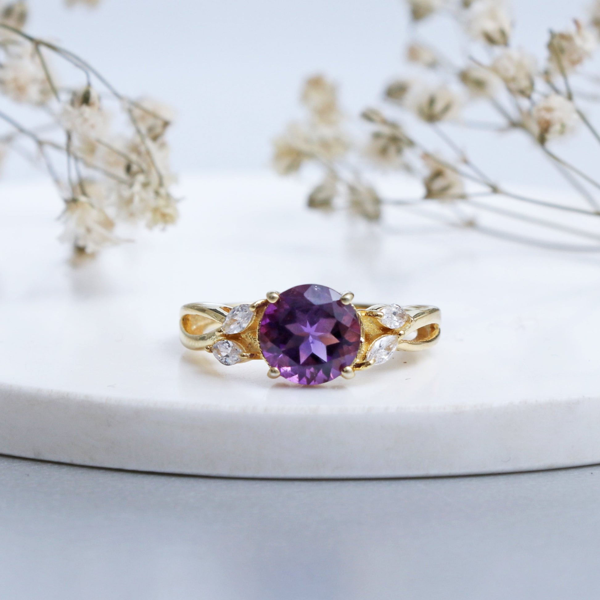 Natural Purple Amethyst Ring-Faceted Amethyst Engagement Ring-631 PILWALS