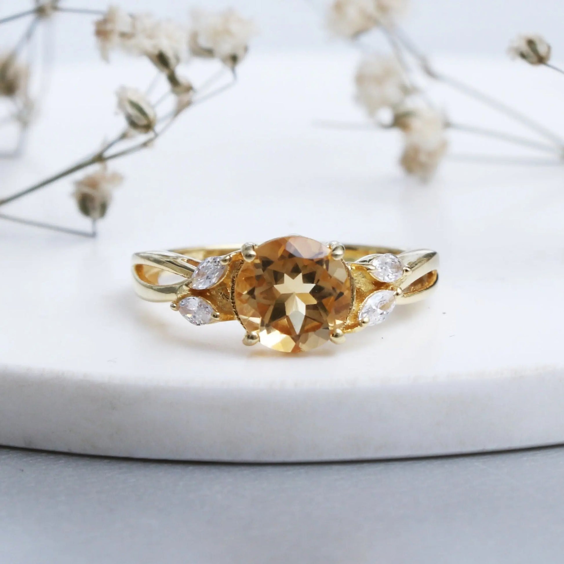 Dainty Golden Citrine Ring, Unique Engagement Ring-631 PILWALS