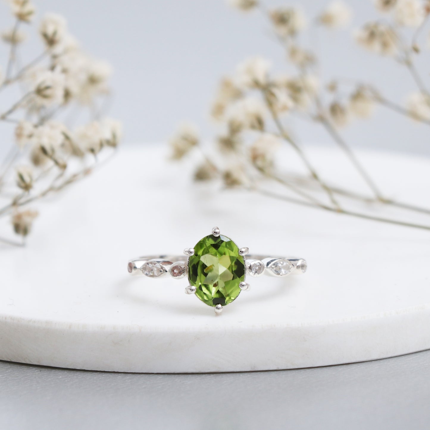 Natural Peridot Ring, Green Engagement Ring Set-730 PILWALS