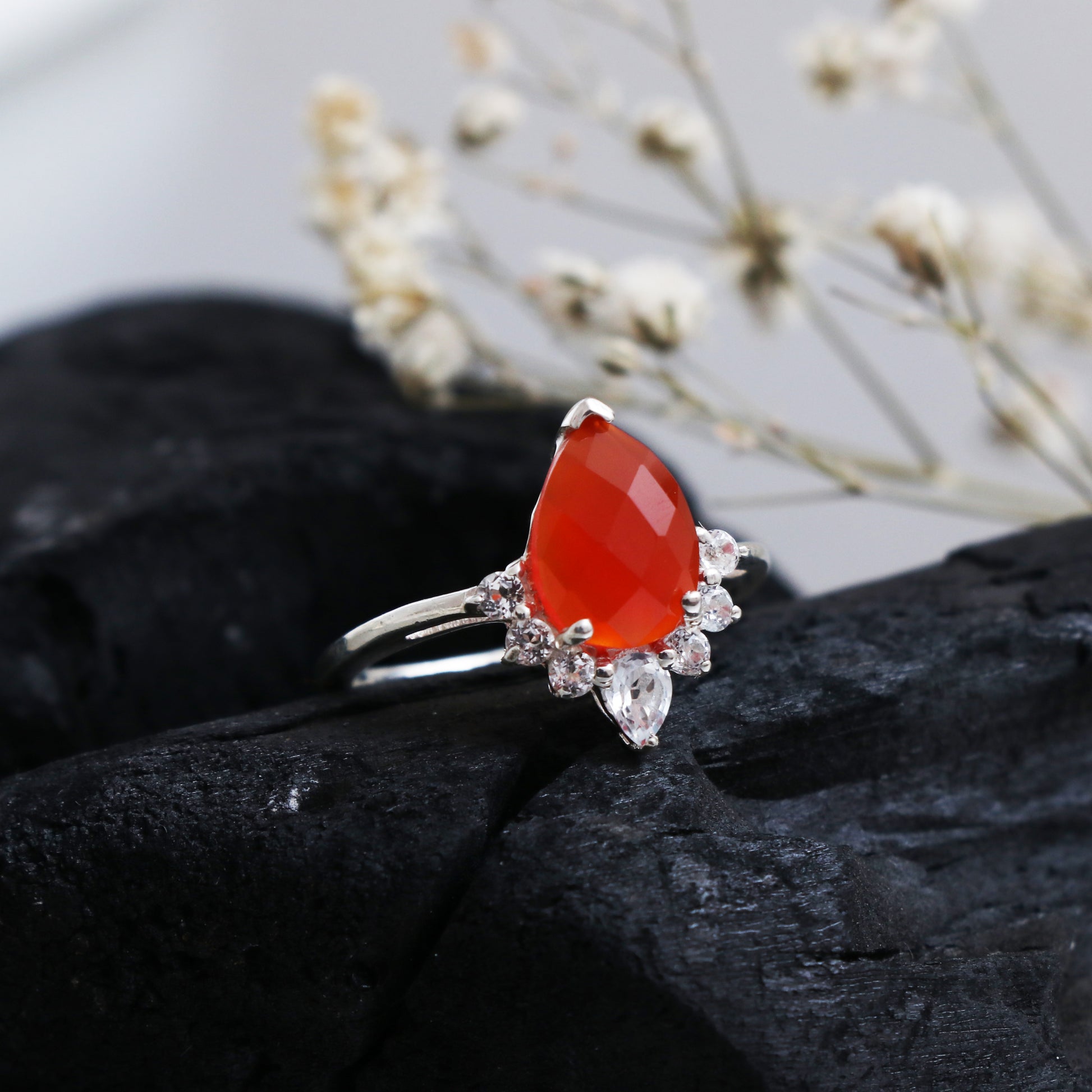 925 Sterling Silver Ring, Carnelian Ring with Side Stones-707 PILWALS