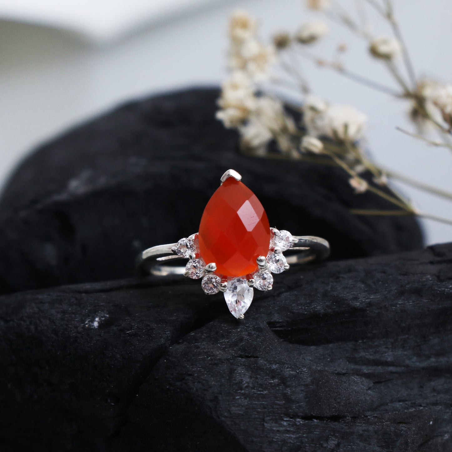 925 Sterling Silver Ring, Carnelian Ring with Side Stones-707 PILWALS