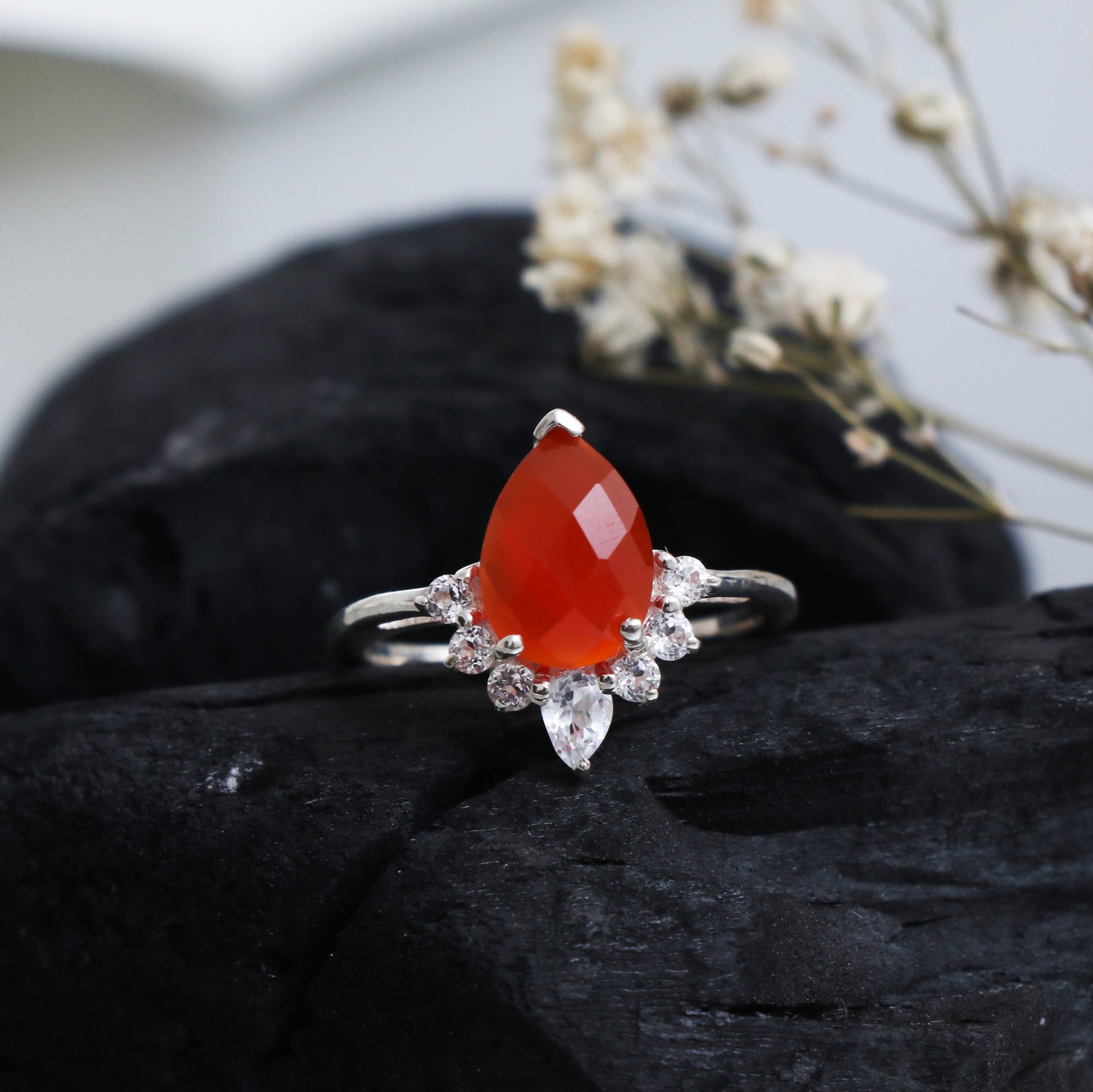 925 Sterling Silver Ring, Carnelian Ring with Side Stones-707 PILWALS