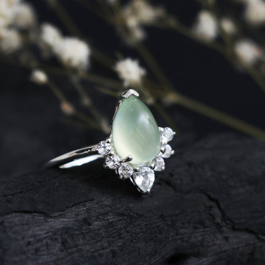 Natural Green Prehnite Solitaire Ring, Prehnite Birthstone Ring-707 PILWALS