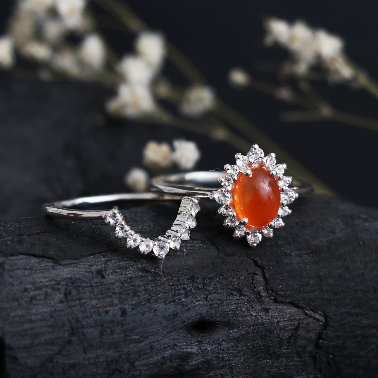 Unique Carnelian Stone Cluster Ring, Delicate Carnelian Rings-739 PILWALS