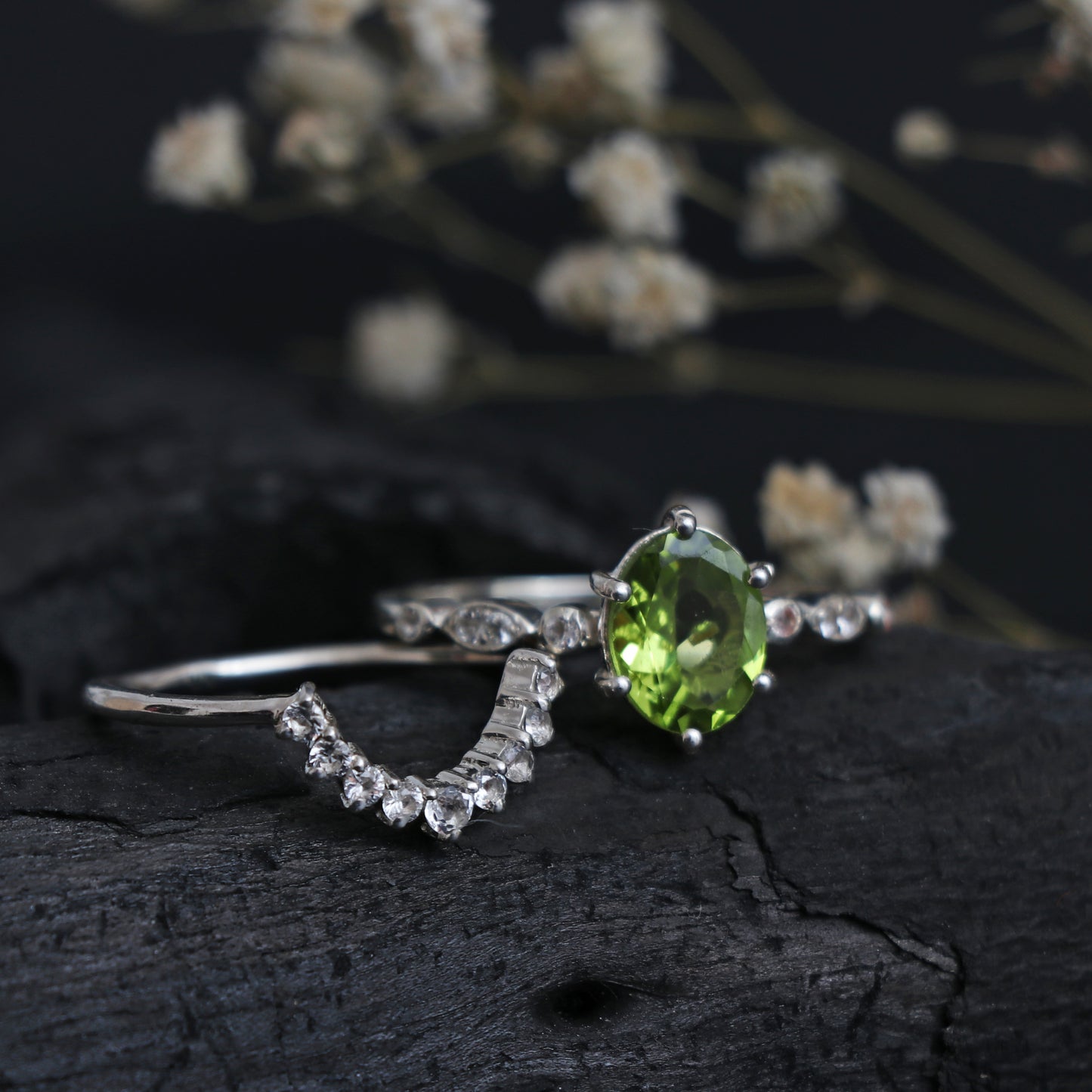 Natural Peridot Ring, Green Engagement Ring Set-730 PILWALS