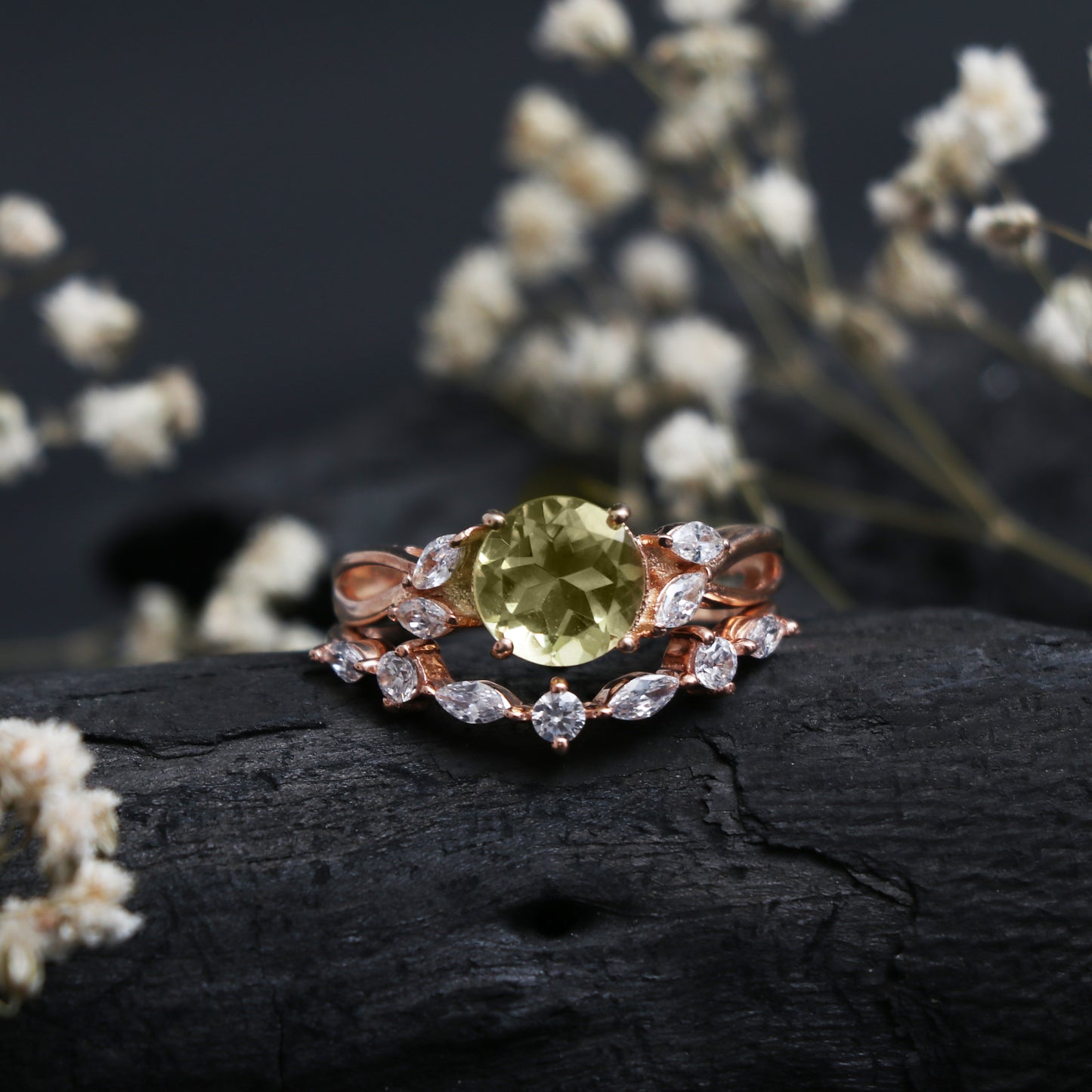 Dainty Lemon Quartz Ring, Natural Lemon Quartz and White Topaz Ring-631 PILWALS