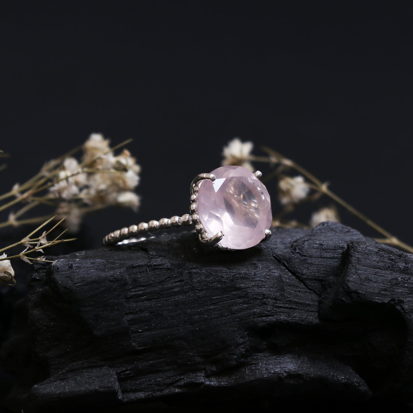 Round Cut Natural Pink Rose Quartz Ring-1045 PILWALS