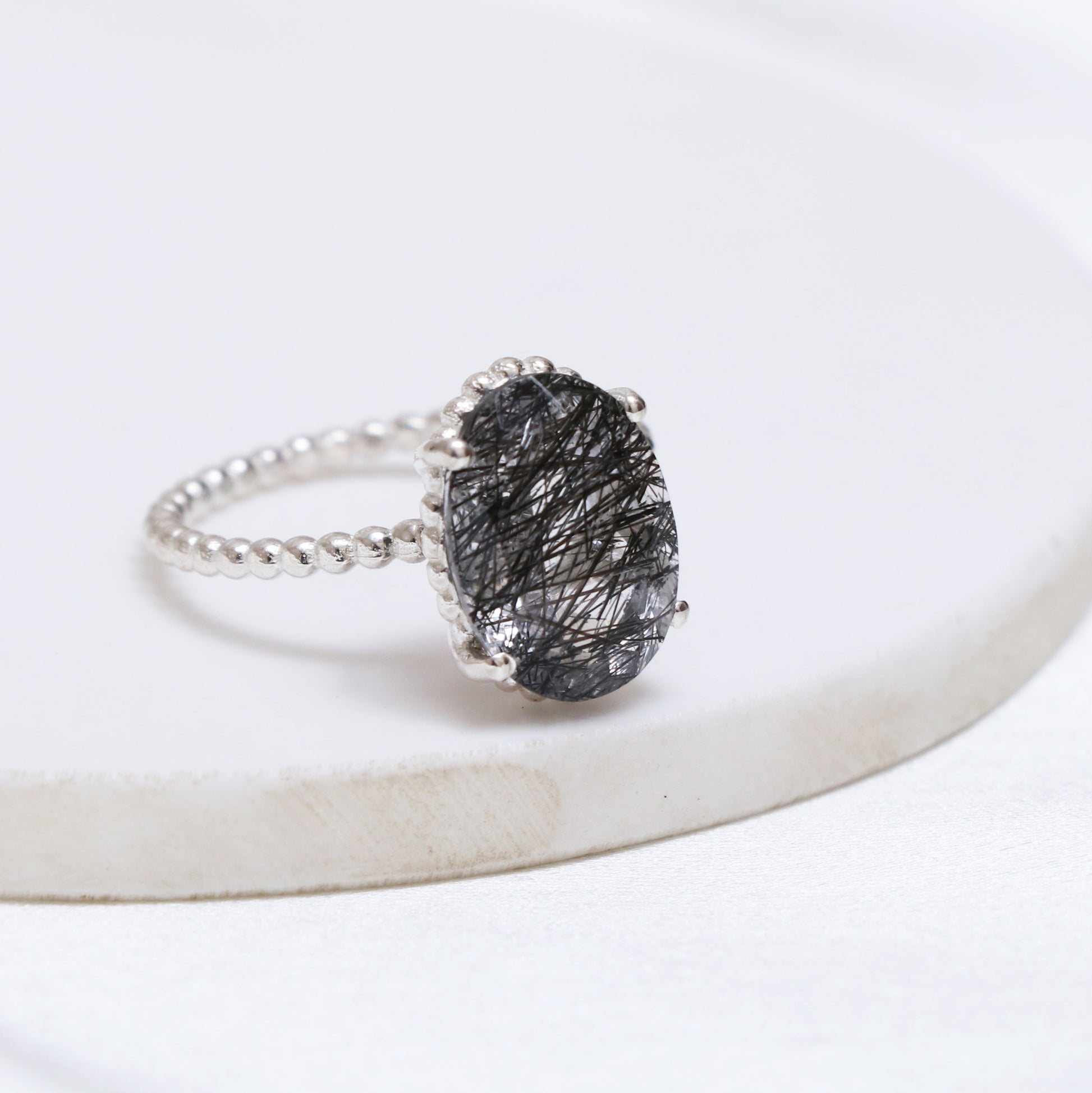 Black Rutile Ring, Oval Faceted Cut Ring, Designer Ring-732 PILWALS