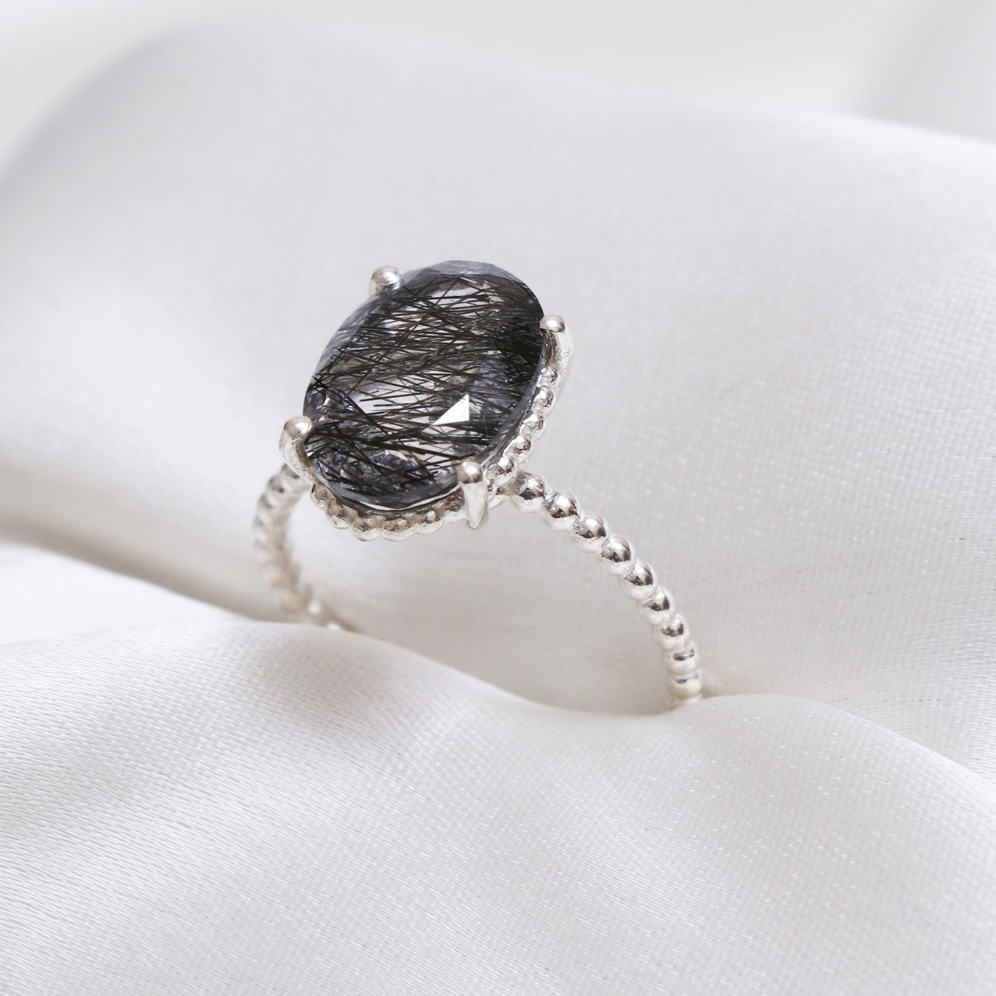 Black Rutile Ring, Oval Faceted Cut Ring, Designer Ring-732 PILWALS