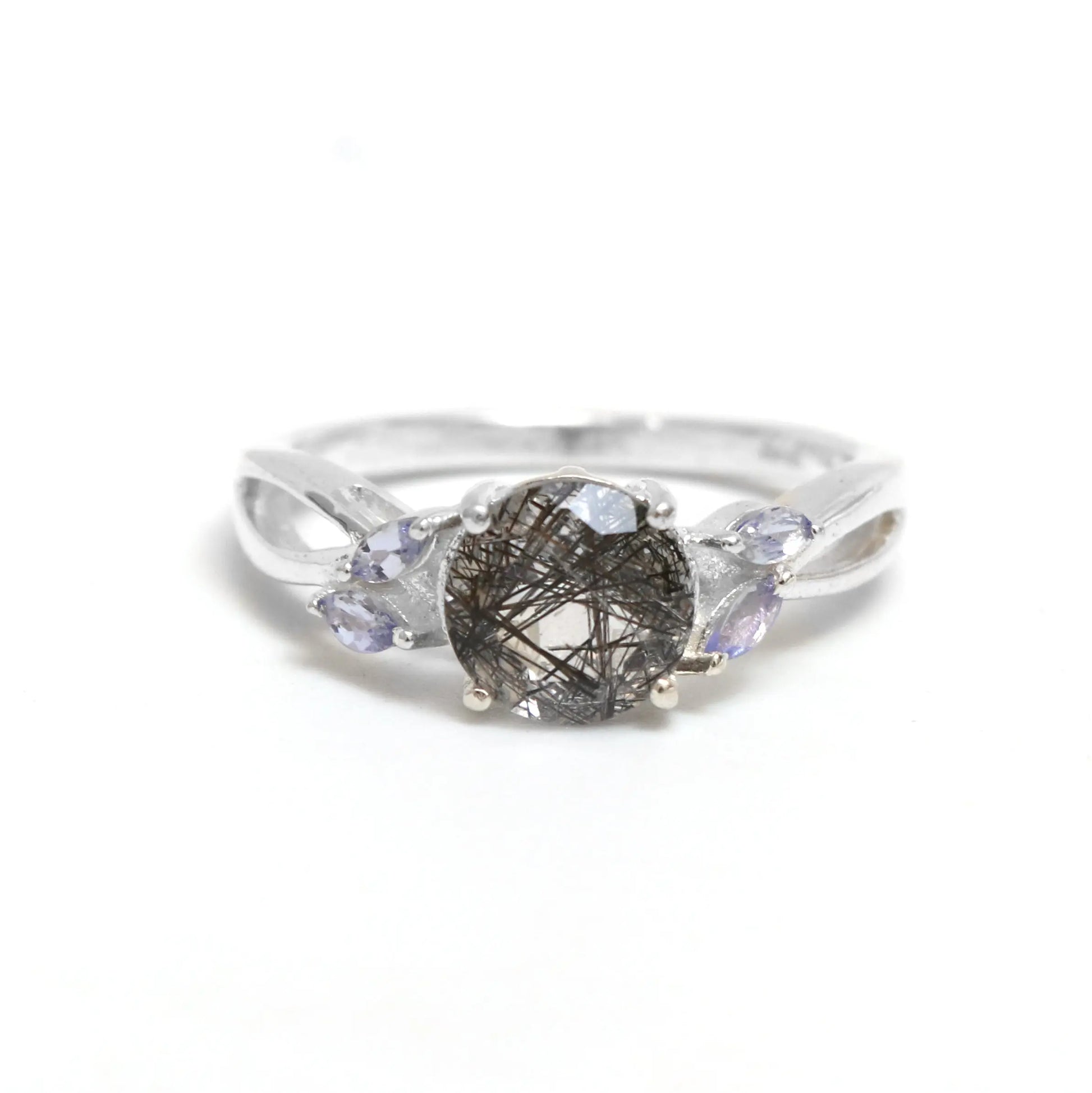 New Arrival Black Rutile Quartz Solitaire Ring-Black Rutilated With Tanzanite Ring-631 PILWALS