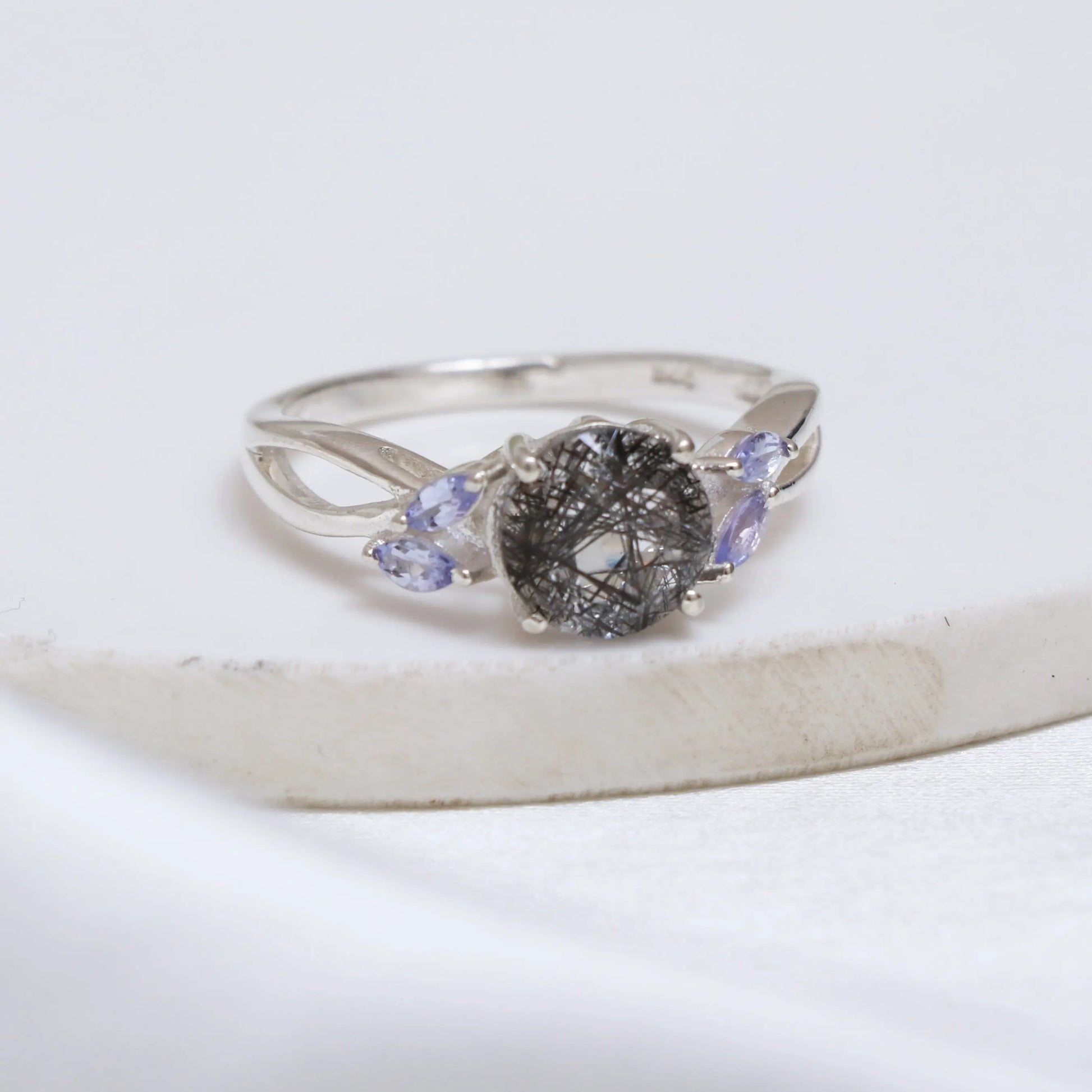 New Arrival Black Rutile Quartz Solitaire Ring-Black Rutilated With Tanzanite Ring-631 PILWALS