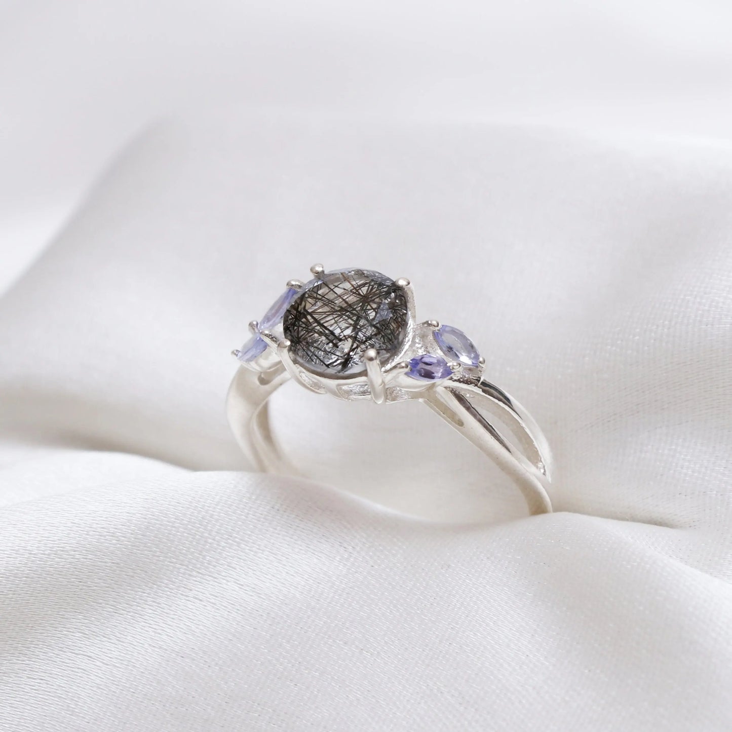 New Arrival Black Rutile Quartz Solitaire Ring-Black Rutilated With Tanzanite Ring-631 PILWALS