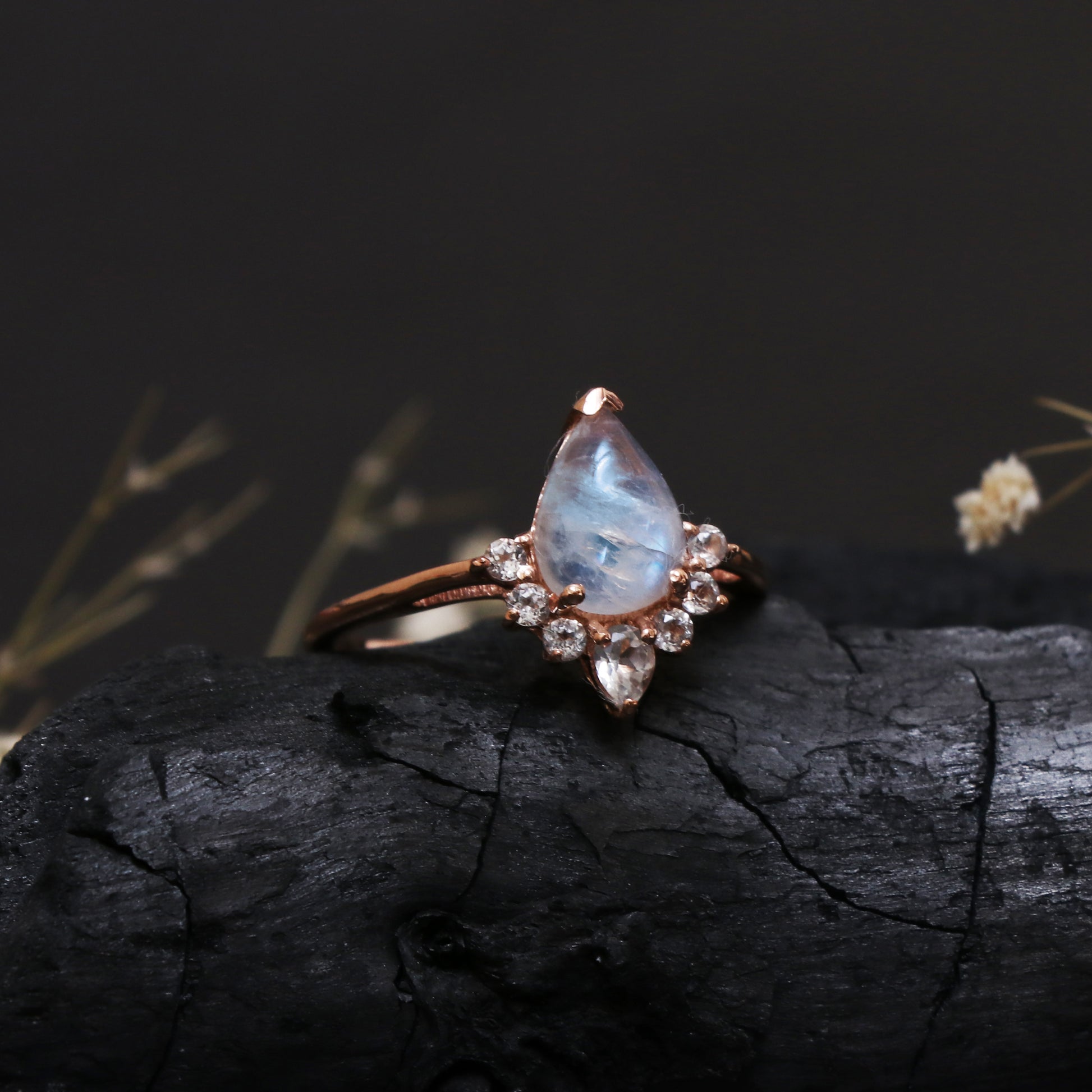 Fire Rainbow Moonstone Faceted Ring, Silver Teardrop Ring-707 PILWALS