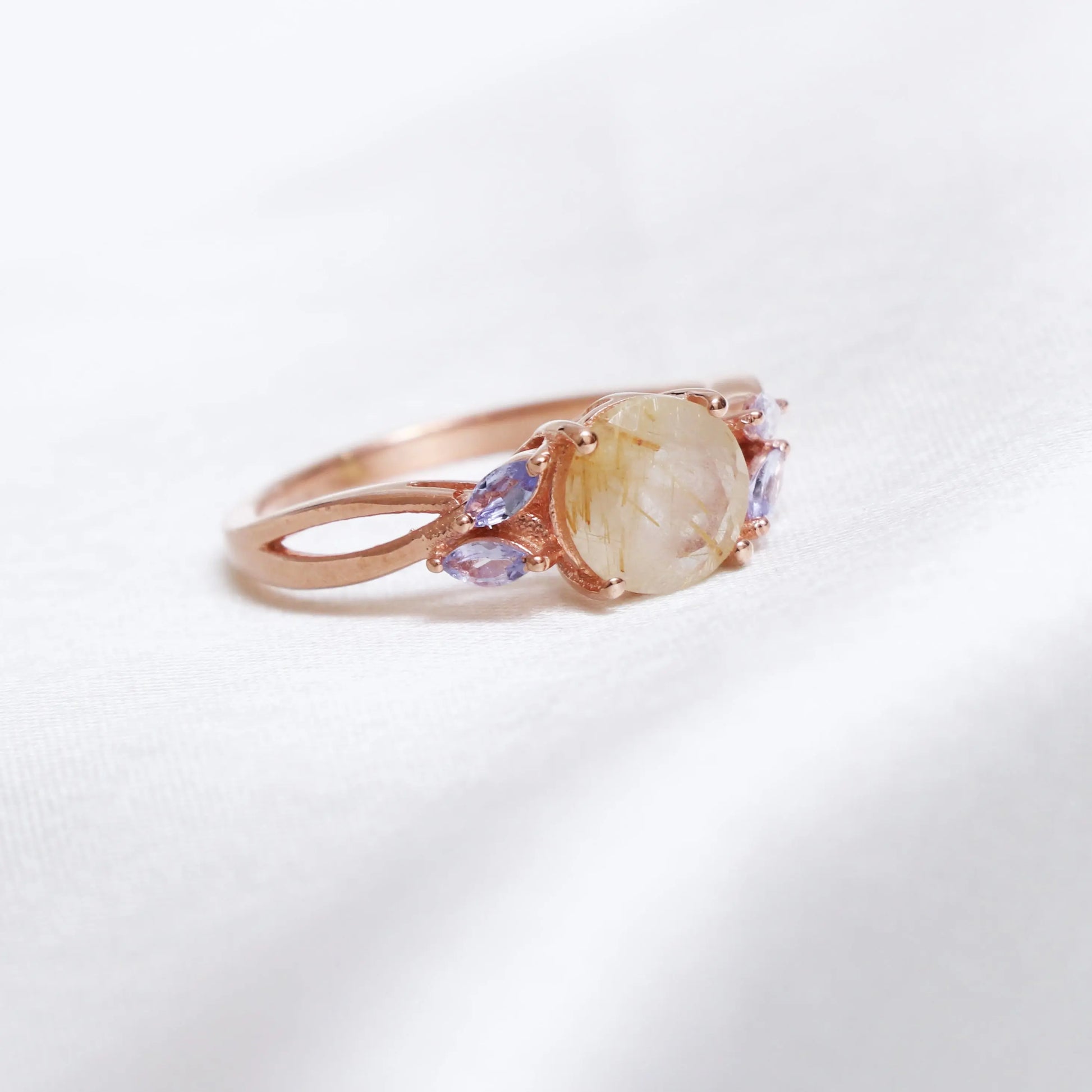 Unique Golden Rutile Quartz Solitaire Ring-Tanzanite Engagement Ring-631 PILWALS