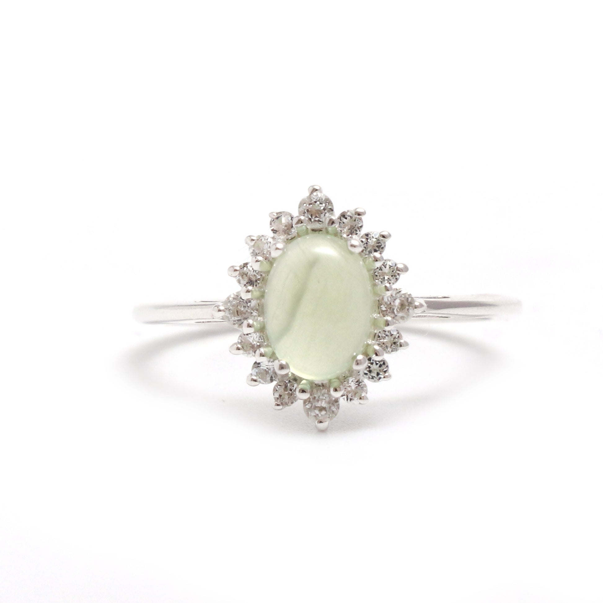 Natural Prehnite Ring Set, Delicate Prehnite Halo Stone Ring-739 PILWALS