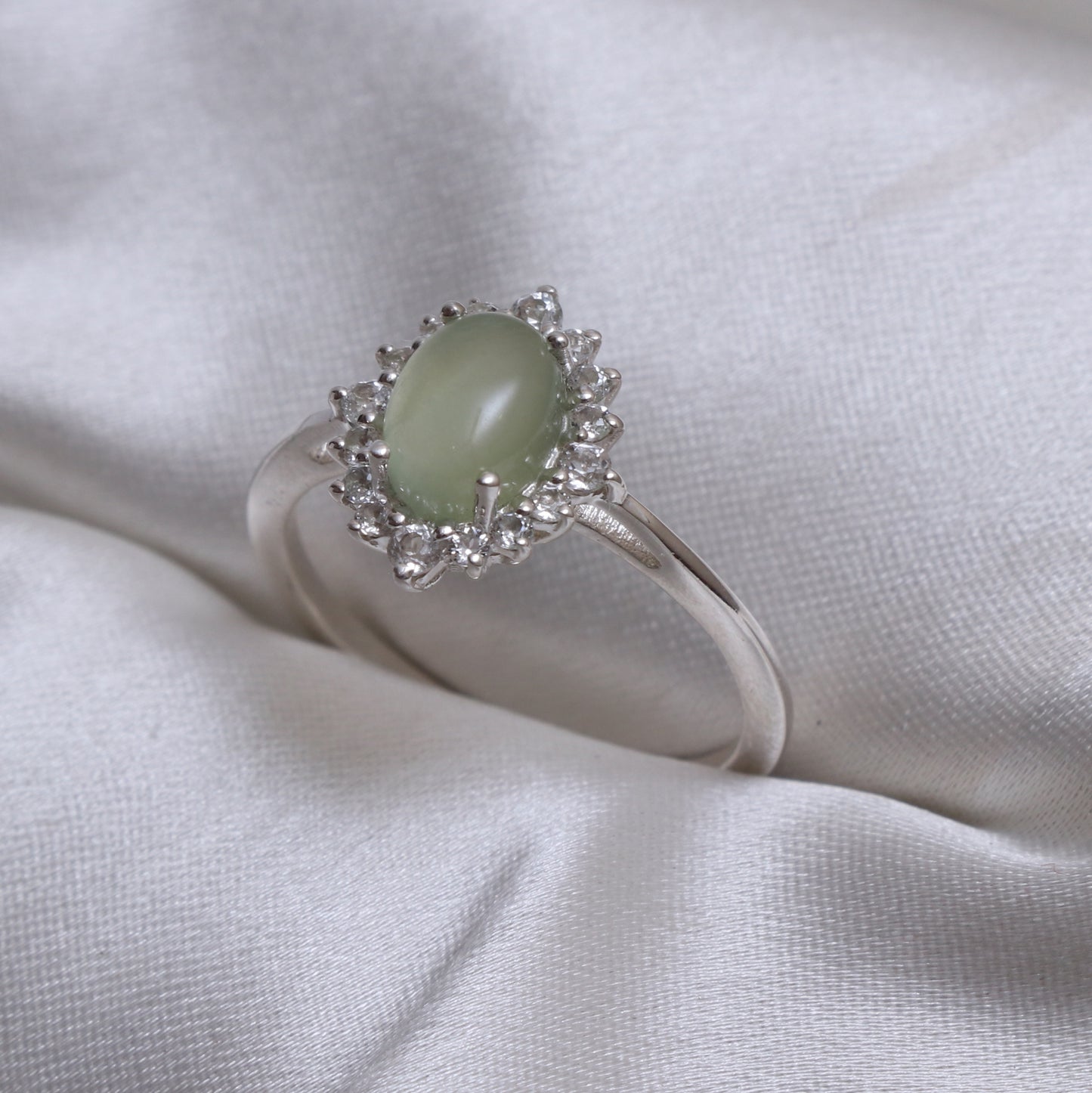 Natural Prehnite Ring Set, Delicate Prehnite Halo Stone Ring-739 PILWALS