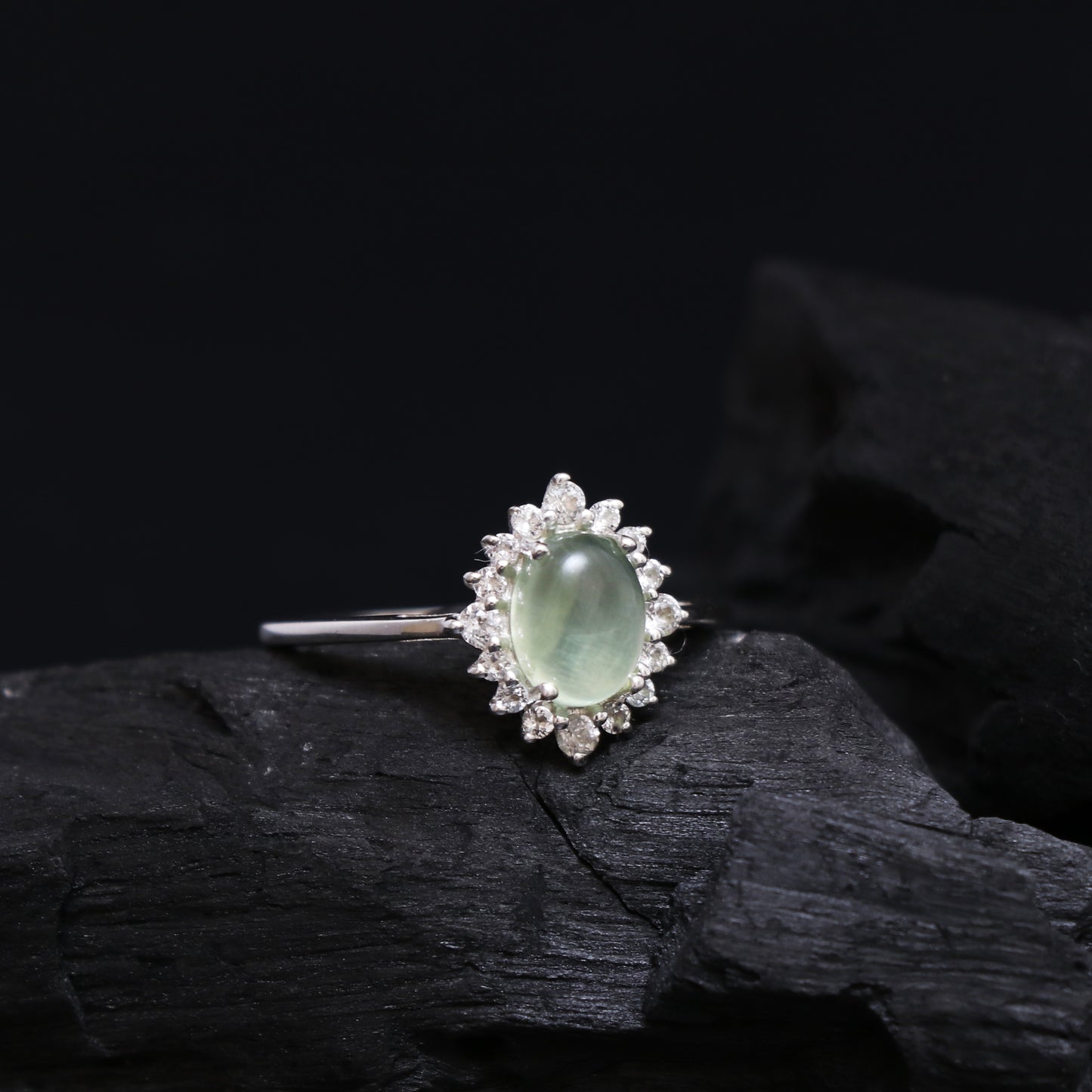 Natural Prehnite Ring Set, Delicate Prehnite Halo Stone Ring-739 PILWALS