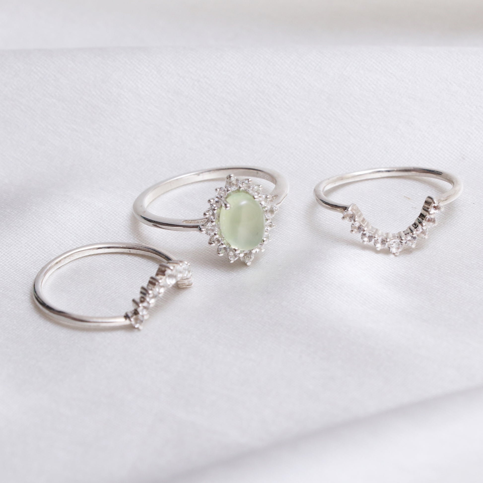 Natural Prehnite Ring Set, Delicate Prehnite Halo Stone Ring-739 PILWALS