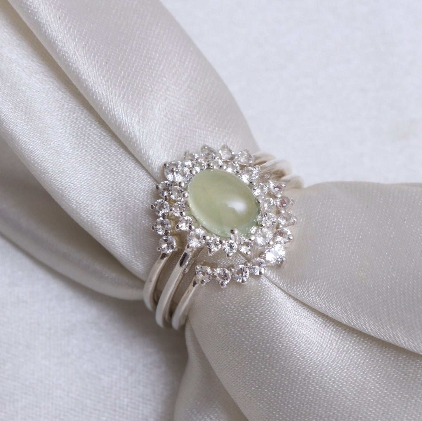 Natural Prehnite Ring Set, Delicate Prehnite Halo Stone Ring-739 PILWALS