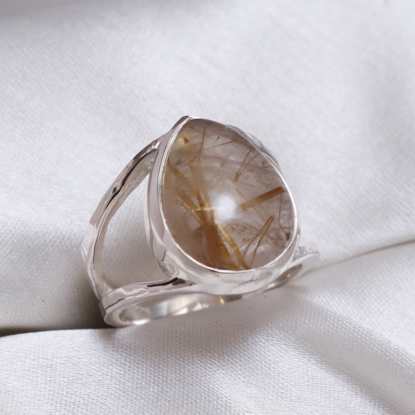 Golden Rutile Gemstone Boho Ring-Rutile Quartz Statement Ring-1020 PILWALS