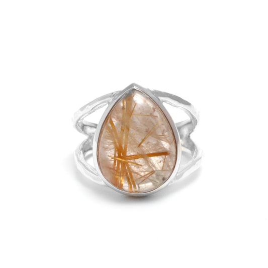 Golden Rutile Gemstone Boho Ring-Rutile Quartz Statement Ring-1020 PILWALS