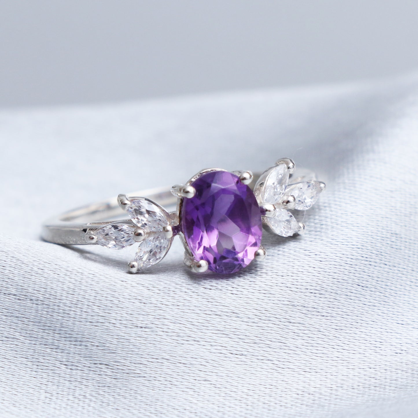 Vintage Inspired Amethyst Purple Ring, White Topaz Silver Ring-664 PILWALS