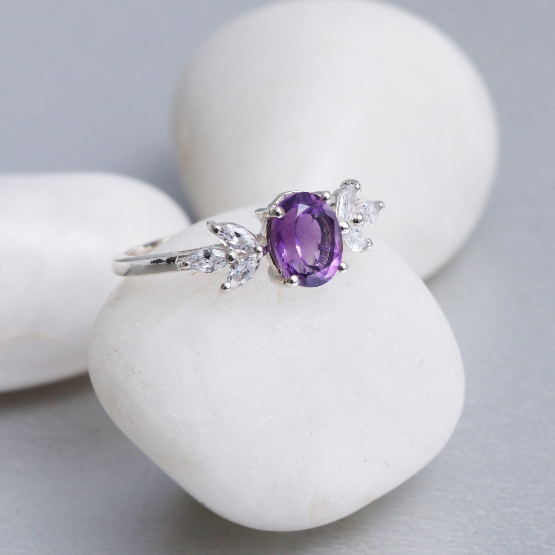 Vintage Inspired Amethyst Purple Ring, White Topaz Silver Ring-664 PILWALS