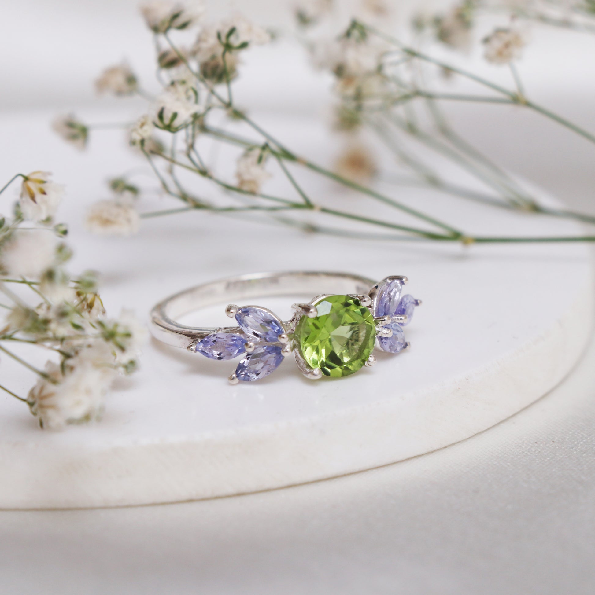 Natural Green Peridot Ring-Unique Floral Green Ring-632 PILWALS