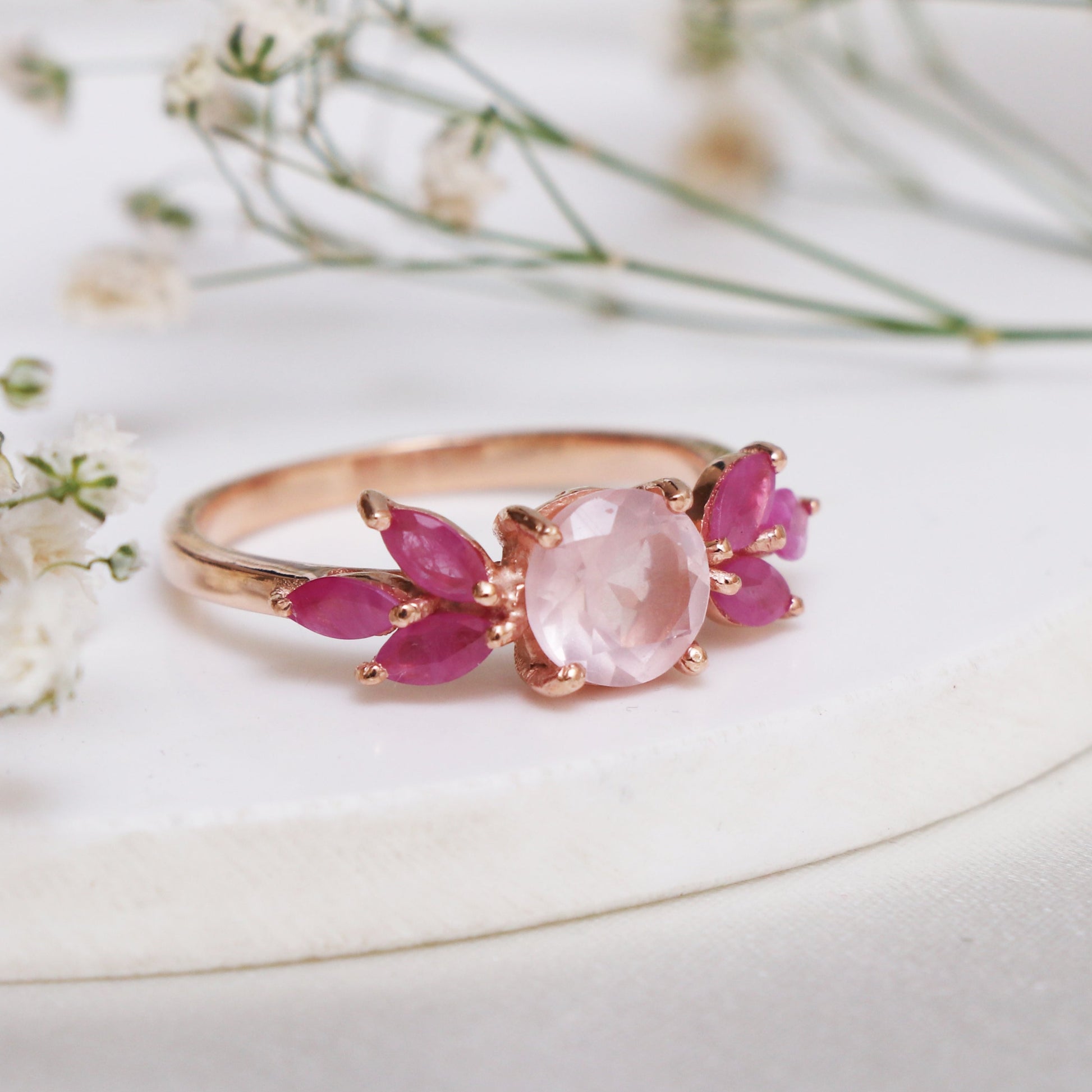 Lovely Rose Quartz Ring, Art Deco Floral Ring-632 PILWALS