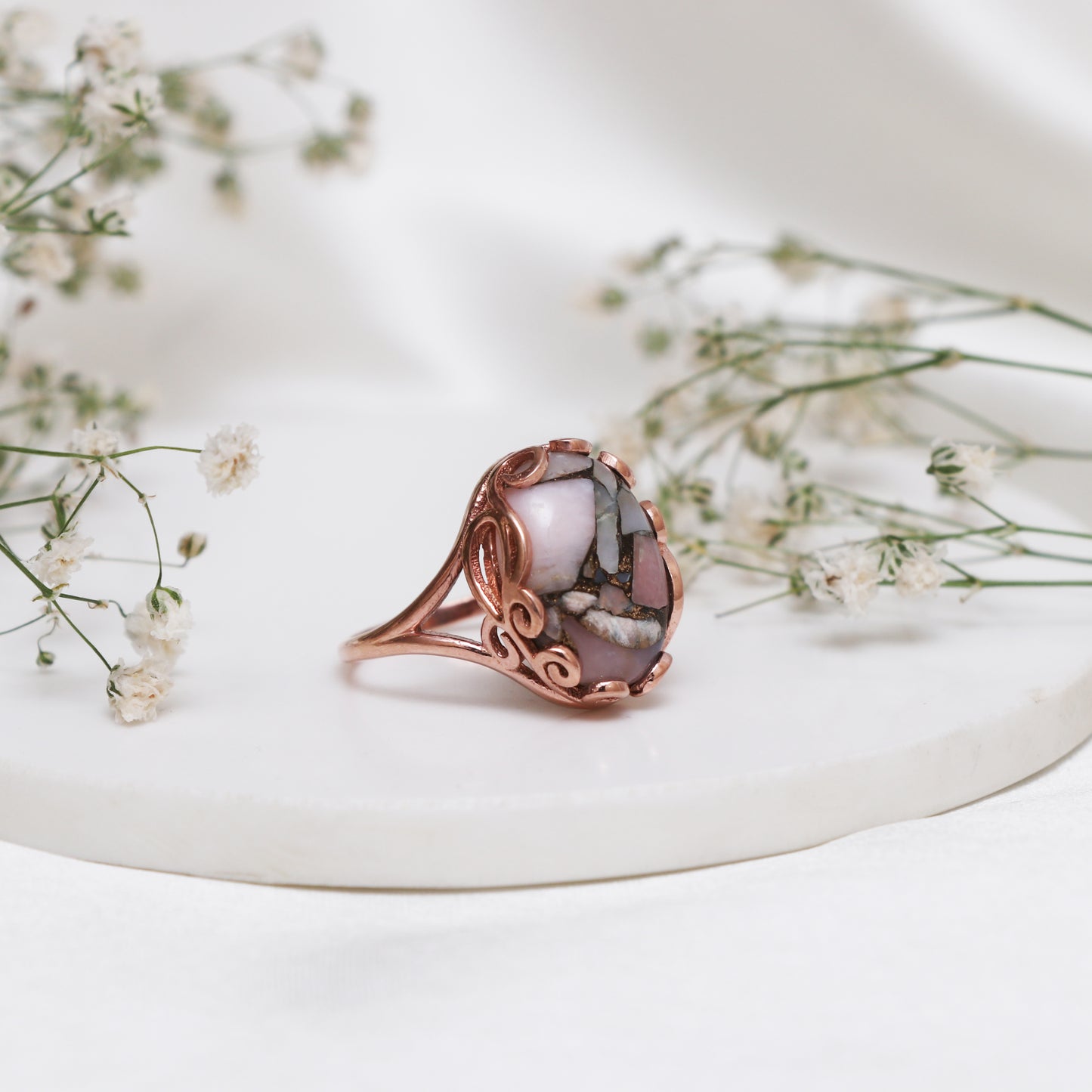 Pink Opal Copper Turquoise Statement Ring-Unique Stone Ring-736 PILWALS